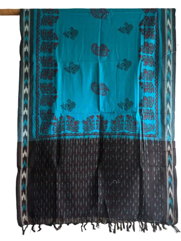 IKAT HANDLOOM COTTON DUPPATA WITH BLOCK PRINT 2.5 MEERS Copy - Image 1
