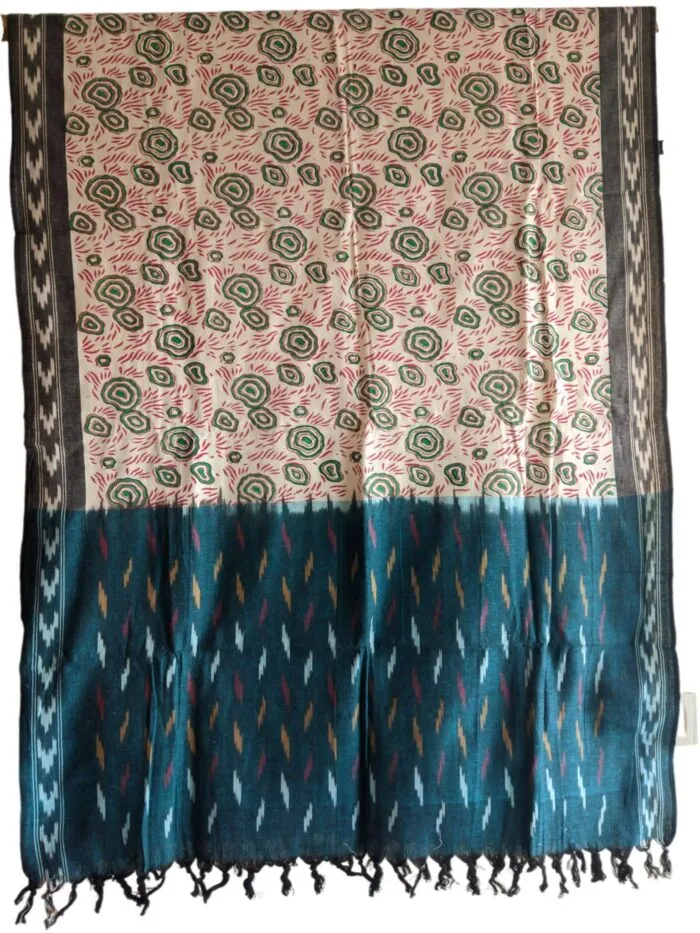 IKAT HANDLOOM COTTON DUPPATA WITH BLOCK PRINT 2.5 MEERS Copy - Image 1