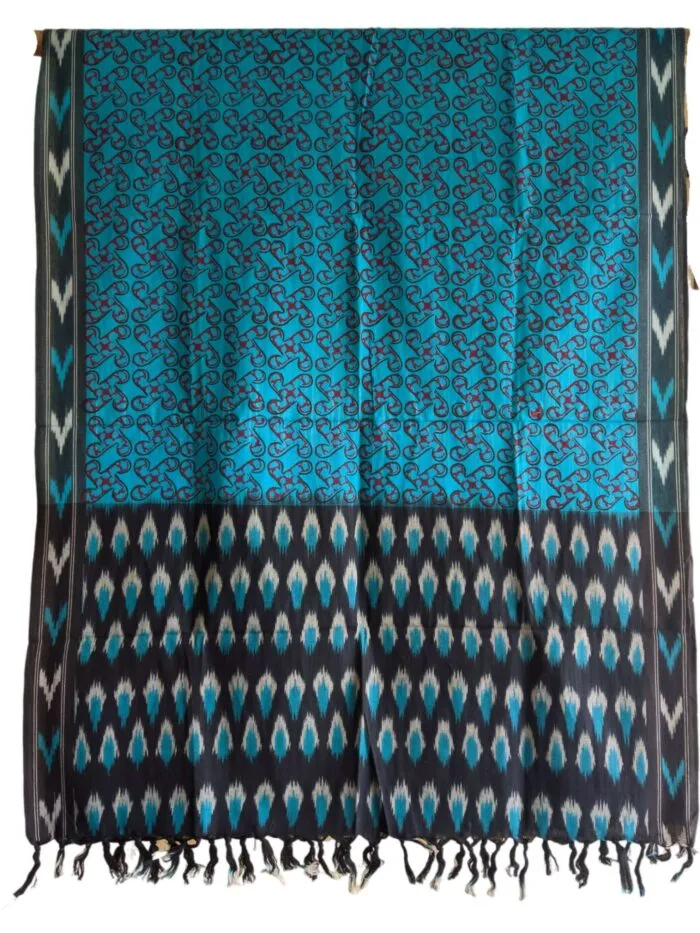 IKAT HANDLOOM COTTON DUPPATA WITH BLOCK PRINT 2.5 MEERS - Image 1