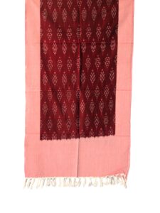 "Handwoven mercerized cotton stole with geometric Pochampally Ikat design spread out flat."