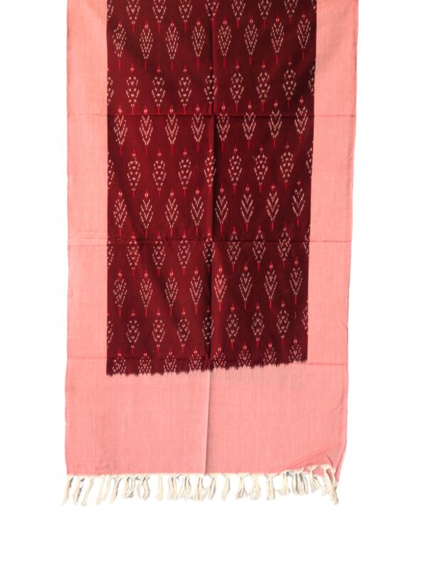 "Handwoven mercerized cotton stole with geometric Pochampally Ikat design spread out flat."
