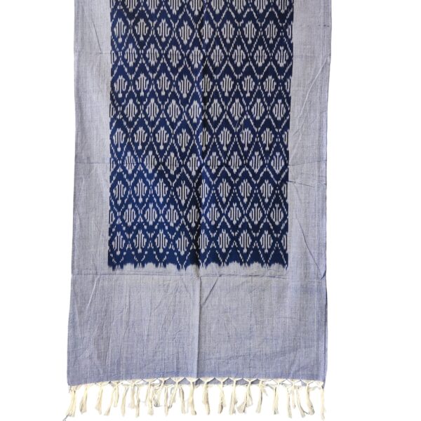 Handwoven mercerized cotton stole with geometric Pochampally Ikat design spread out flat."