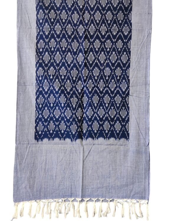 Handwoven mercerized cotton stole with geometric Pochampally Ikat design spread out flat."