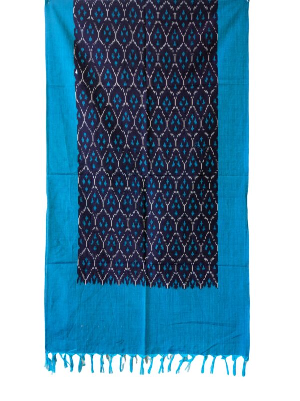 "Handwoven mercerized cotton stole with geometric Pochampally Ikat design spread out flat."
