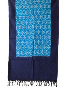 "Handwoven mercerized cotton stole with geometric Pochampally Ikat design spread out flat."