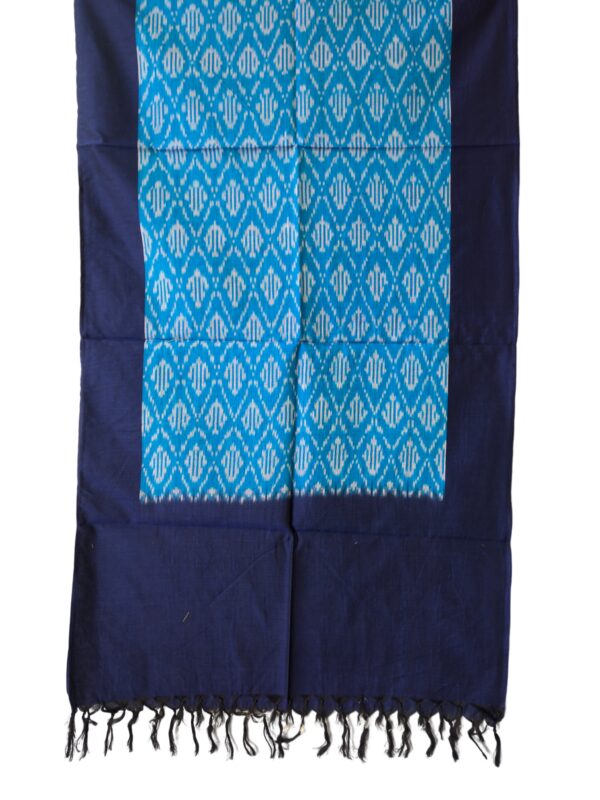 "Handwoven mercerized cotton stole with geometric Pochampally Ikat design spread out flat."