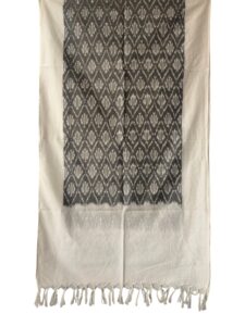 "Handwoven mercerized cotton stole with geometric Pochampally Ikat design spread out flat."