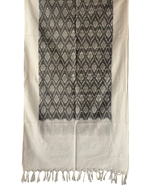 "Handwoven mercerized cotton stole with geometric Pochampally Ikat design spread out flat."