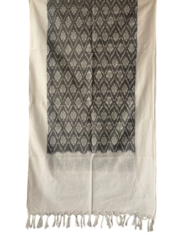 "Handwoven mercerized cotton stole with geometric Pochampally Ikat design spread out flat."