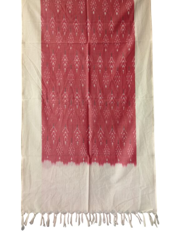 "Handwoven mercerized cotton stole with geometric Pochampally Ikat design spread out flat."