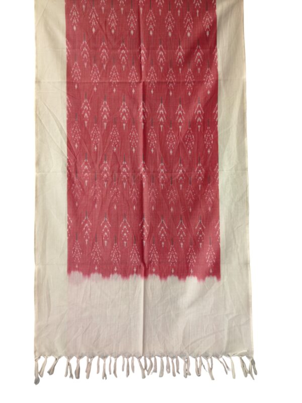 "Handwoven mercerized cotton stole with geometric Pochampally Ikat design spread out flat."
