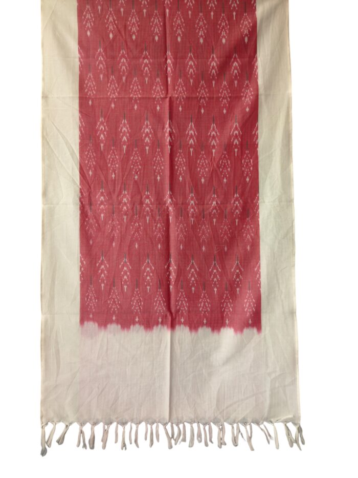 "Handwoven mercerized cotton stole with geometric Pochampally Ikat design spread out flat."