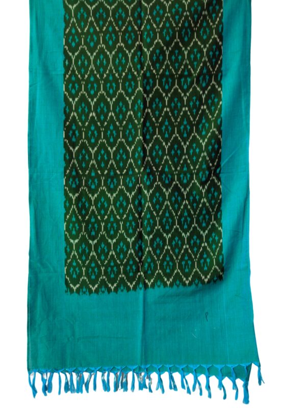 "Handwoven mercerized cotton stole with geometric Pochampally Ikat design spread out flat."