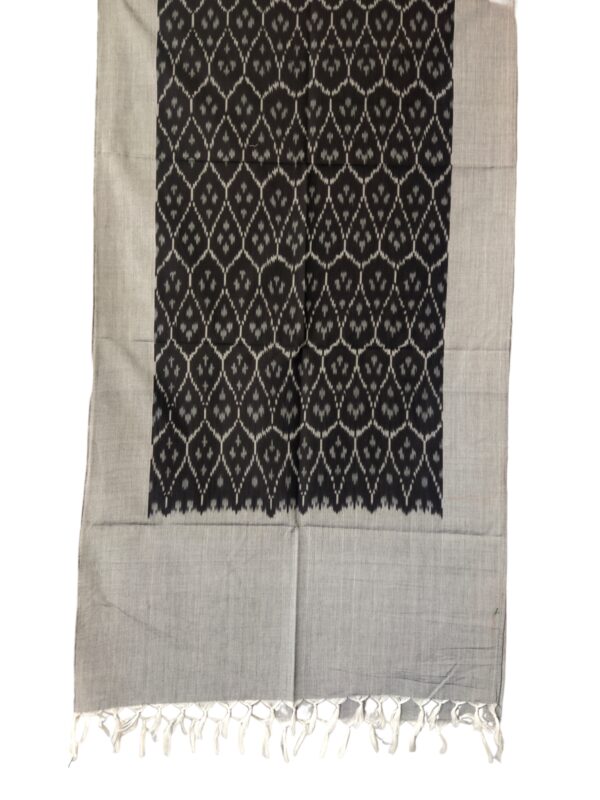 "Handwoven mercerized cotton stole with geometric Pochampally Ikat design spread out flat."