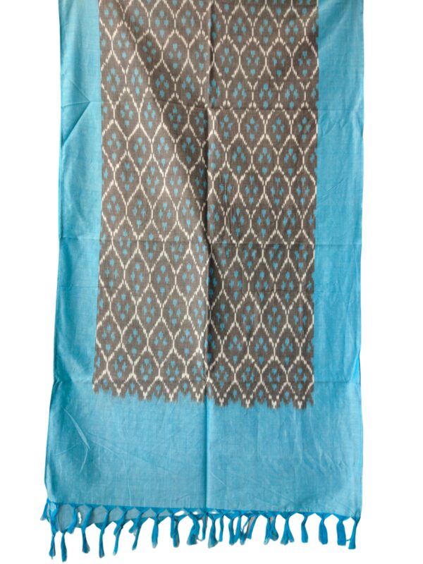 "Handwoven mercerized cotton stole with geometric Pochampally Ikat design spread out flat."