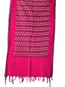 "Handwoven mercerized cotton stole with geometric Pochampally Ikat design spread out flat."