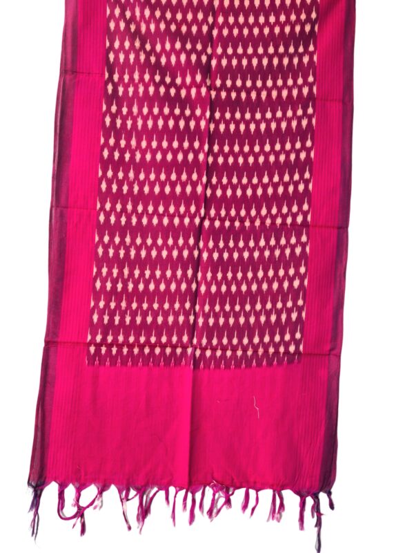 "Handwoven mercerized cotton stole with geometric Pochampally Ikat design spread out flat."