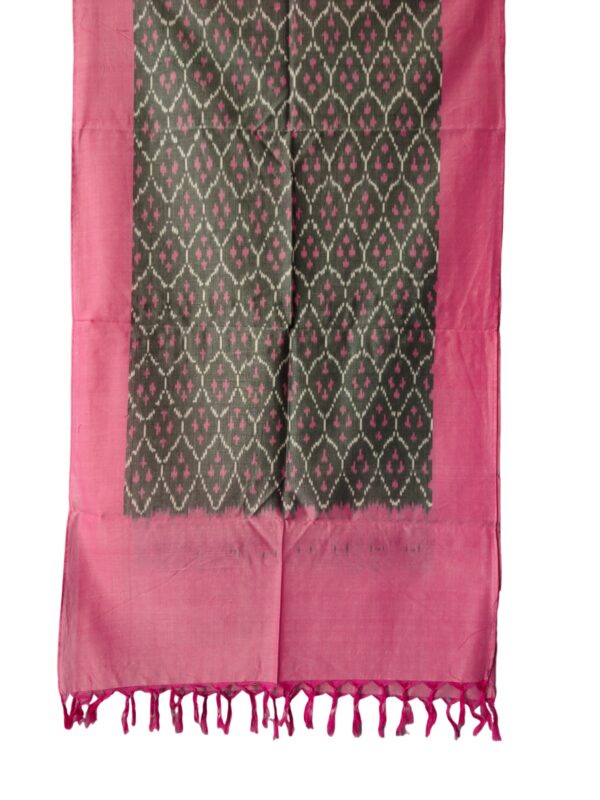 "Handwoven mercerized cotton stole with geometric Pochampally Ikat design spread out flat."