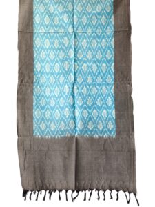 "Handwoven mercerized cotton stole with geometric Pochampally Ikat design spread out flat."