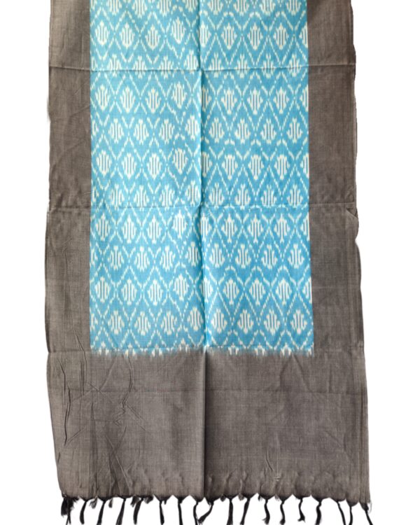 "Handwoven mercerized cotton stole with geometric Pochampally Ikat design spread out flat."