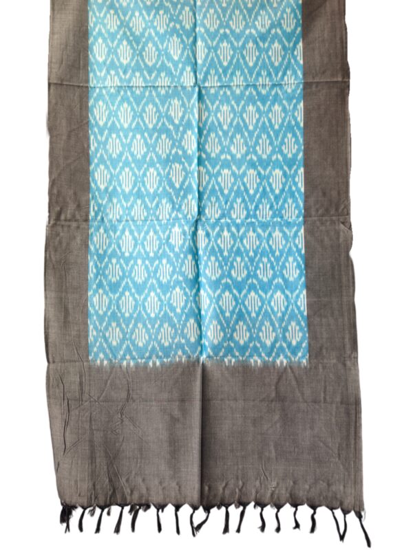 "Handwoven mercerized cotton stole with geometric Pochampally Ikat design spread out flat."