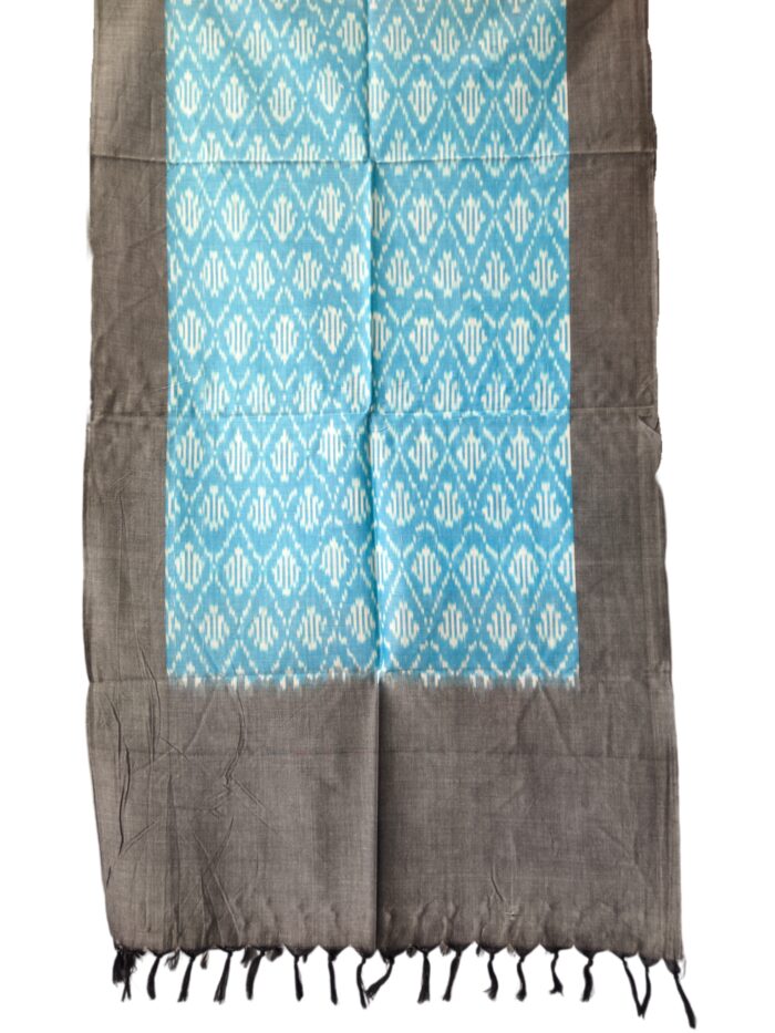 "Handwoven mercerized cotton stole with geometric Pochampally Ikat design spread out flat."