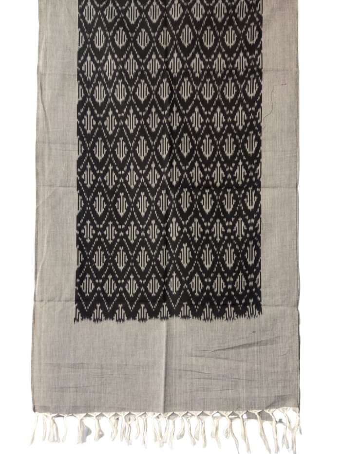 "Handwoven mercerized cotton stole with geometric Pochampally Ikat design spread out flat."