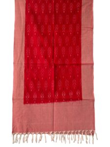 "Handwoven mercerized cotton stole with geometric Pochampally Ikat design spread out flat."