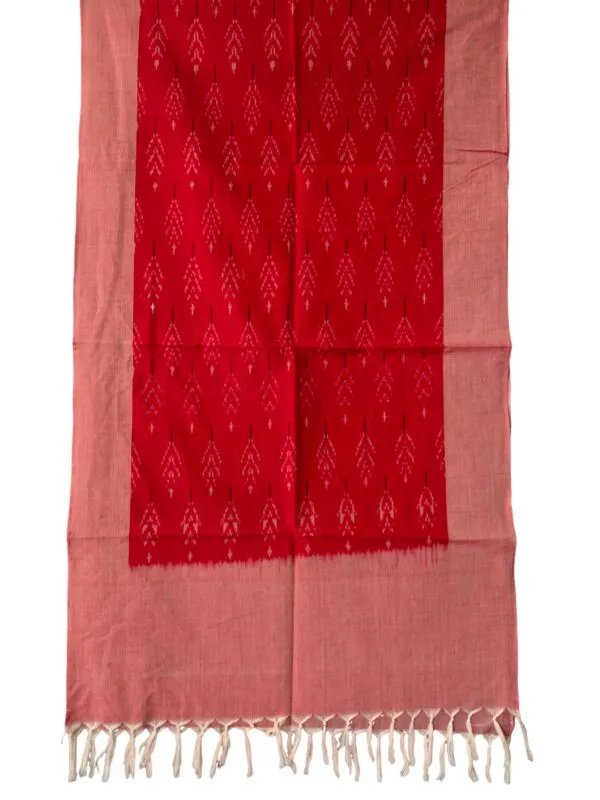 "Handwoven mercerized cotton stole with geometric Pochampally Ikat design spread out flat."