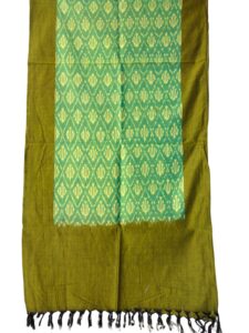 "Handwoven mercerized cotton stole with geometric Pochampally Ikat design spread out flat."