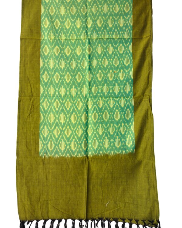 "Handwoven mercerized cotton stole with geometric Pochampally Ikat design spread out flat."