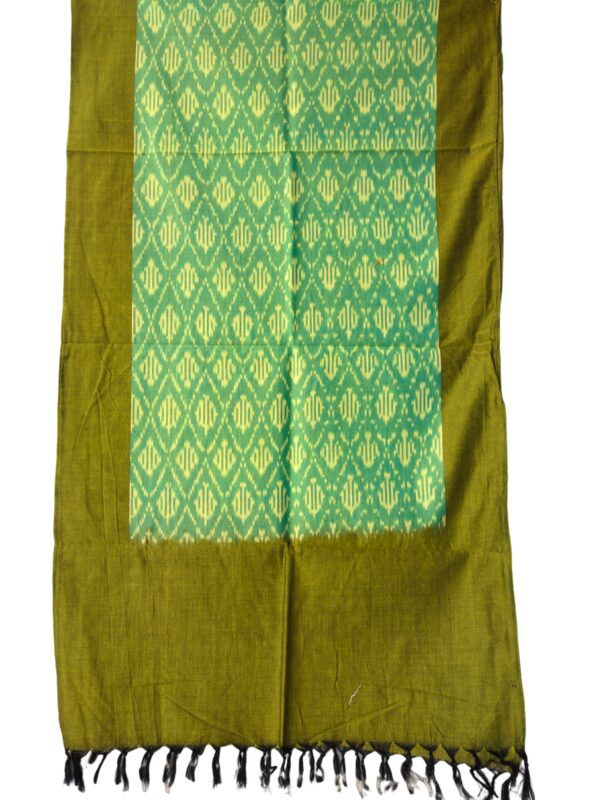 "Handwoven mercerized cotton stole with geometric Pochampally Ikat design spread out flat."