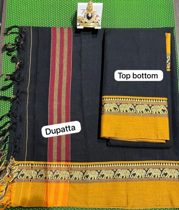 A beautiful Narayanpet half saree with intricate weaving patterns and vibrant colors.