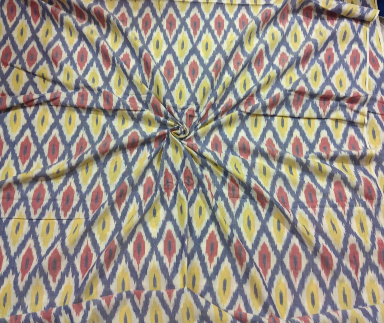 what is ikat ? 2 Colorful ikat pattern woven fabric in shades of red, yellow, and blue, spread out and twisted in the center to showcase the intricate design, 45-inch width, from PAVANKUMARWEAVES."