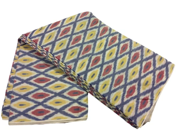 Colorful ikat pattern woven fabric in shades of red, yellow, and blue, spread out and twisted in the center to showcase the intricate design, 45-inch width, from PAVANKUMARWEAVES."