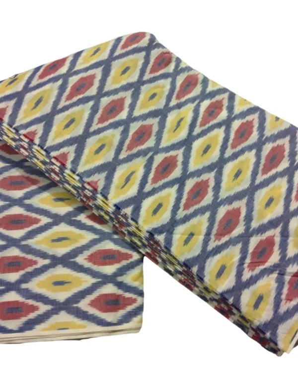 Colorful ikat pattern woven fabric in shades of red, yellow, and blue, spread out and twisted in the center to showcase the intricate design, 45-inch width, from PAVANKUMARWEAVES."