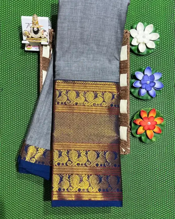 Traditional narayanpet sarees featuring a grey base, blue and gold zari, and peacock motifs.