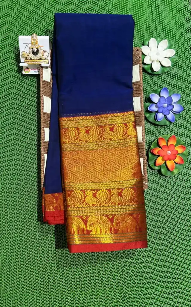 A rich blue Narayanpet sarees with a thick, golden border featuring elephant motifs.