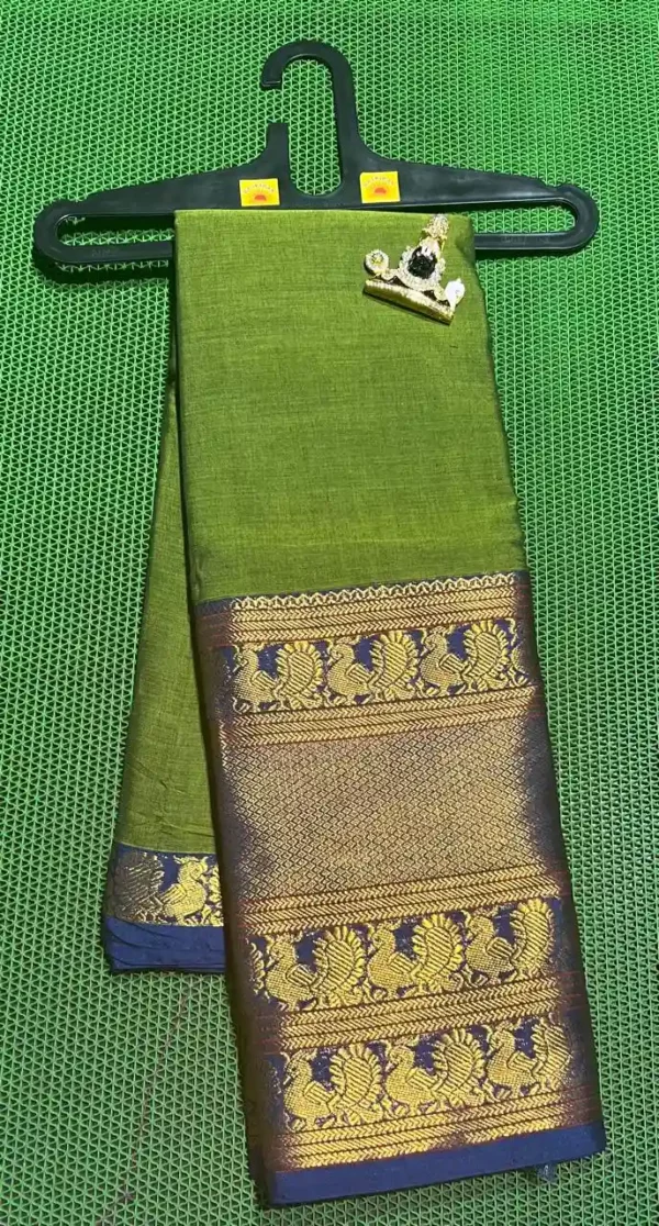 Vibrant green Narayanpet sarees with a contrasting blue border and intricate gold zari motif