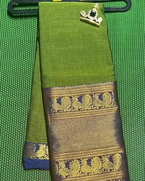 Vibrant green Narayanpet sarees with a contrasting blue border and intricate gold zari motif