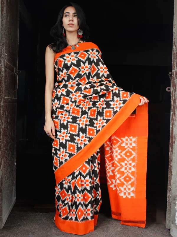 Theliya Rumal Saree in orange & amp; Black – Handwoven Double Ikat Cotton Saree with Blouse, 6.2 Meters