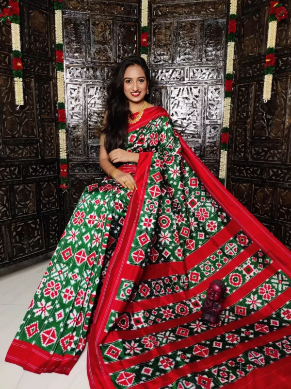 Pochampally silk saree with double ikat Theliya design, 16 motifs, and matching blouse - Handwoven by PAVANKUMARWEAVES