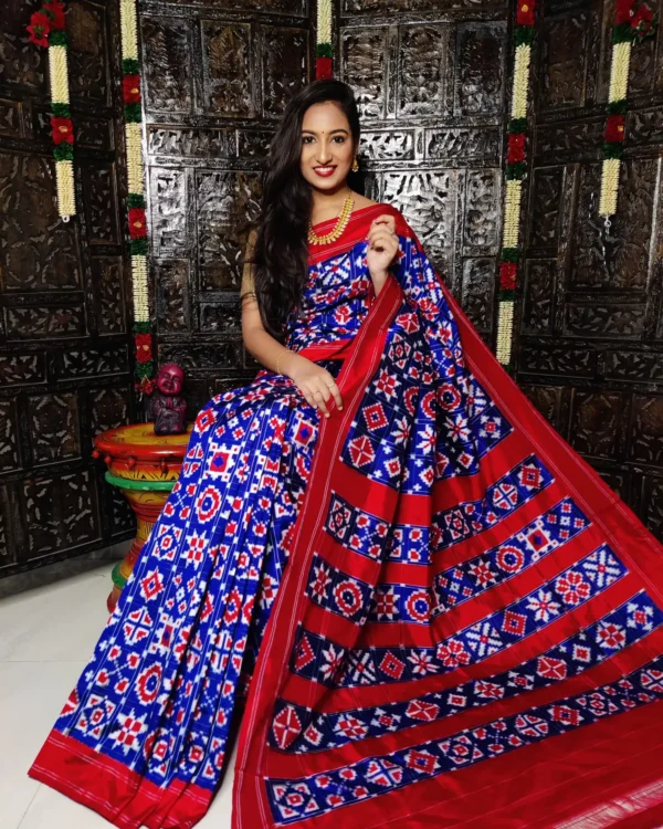 Pochampally silk saree with double ikat Theliya design, 16 motifs, and matching blouse - Handwoven by PAVANKUMARWEAVES