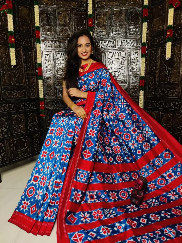 Pochampally silk saree with double ikat Theliya design, 16 motifs, and matching blouse - Handwoven by PAVANKUMARWEAVES