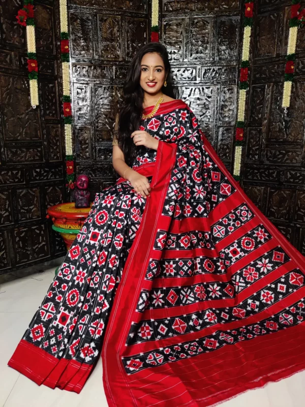 Pochampally silk saree with double ikat Theliya design, 16 motifs, and matching blouse - Handwoven by PAVANKUMARWEAVES