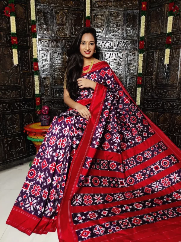 Pochampally silk saree with double ikat Theliya design, 16 motifs, and matching blouse - Handwoven by PAVANKUMARWEAVES