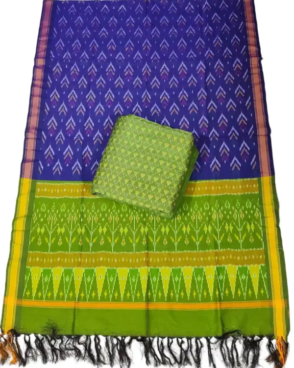 Pochampally Ikat COTTON silk suit with intricate handloom weaving patterns, showcasing traditional geometric designs, bordered with rich detailing.