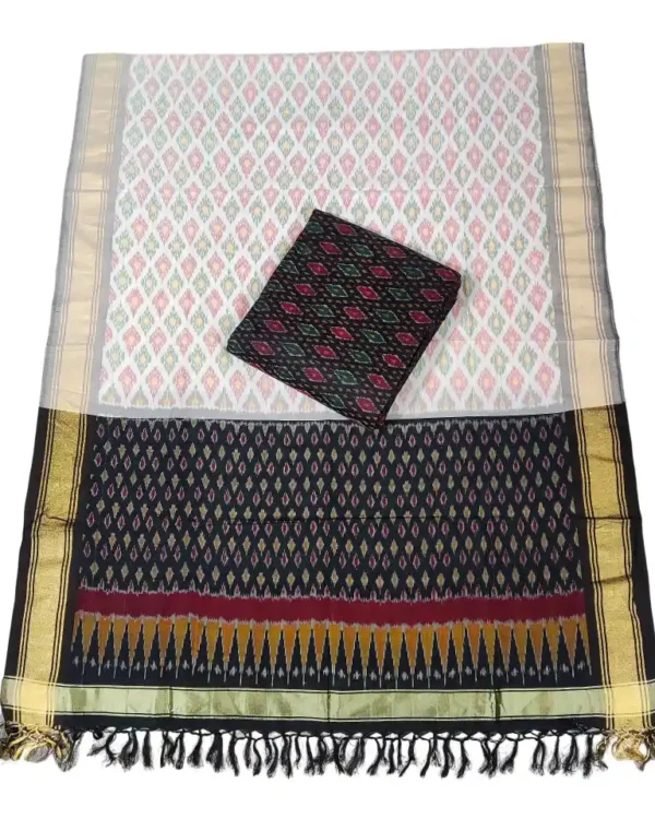 Pochampally Ikat COTTON silk suit with intricate handloom weaving patterns, showcasing traditional geometric designs, bordered with rich detailing.