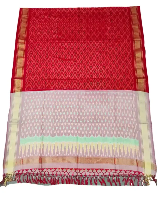 Pochampally Ikat COTTON silk suit with intricate handloom weaving patterns, showcasing traditional geometric designs, bordered with rich detailing.