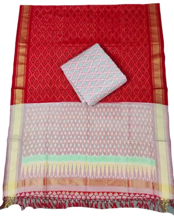 Pochampally Ikat COTTON silk suit with intricate handloom weaving patterns, showcasing traditional geometric designs, bordered with rich detailing.
